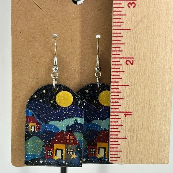 Sparkling 2D Acrylic Dangle Earrings Night View Fashion Jewelry - Picture 2 of 3